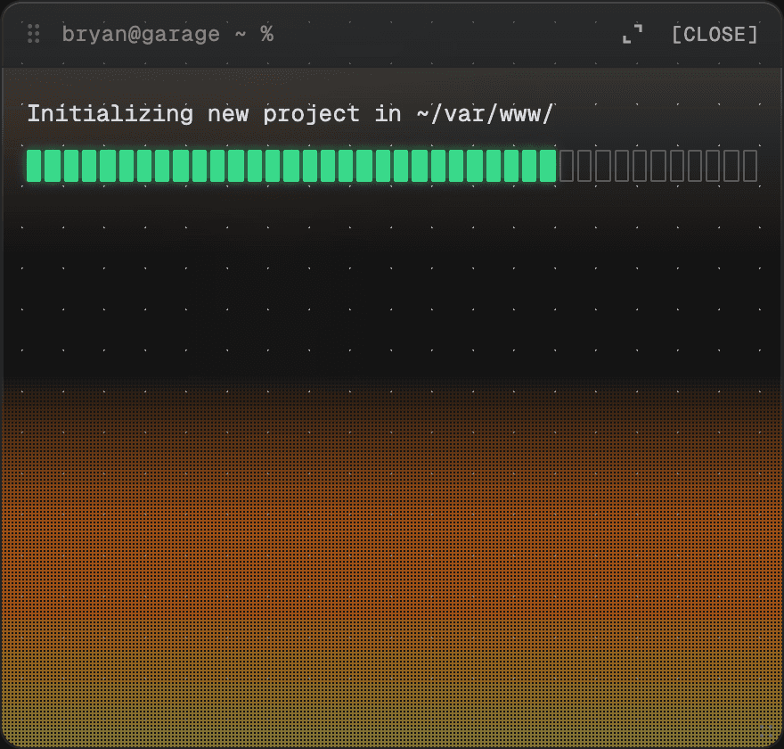 The terminal window mid-boot: the line “Initializing new project in ~/var/www/” above a green progress bar, most of its cells filled, over an empty screen.