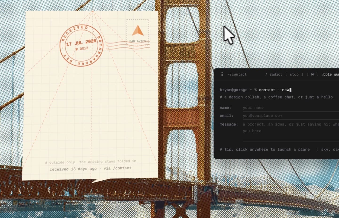 The contact page: a cream postcard stamped “received 17 jul 2026”, with dashed fold lines running across it, sitting beside a dark terminal window of name, email and message fields, over a halftone photo of the Golden Gate Bridge.