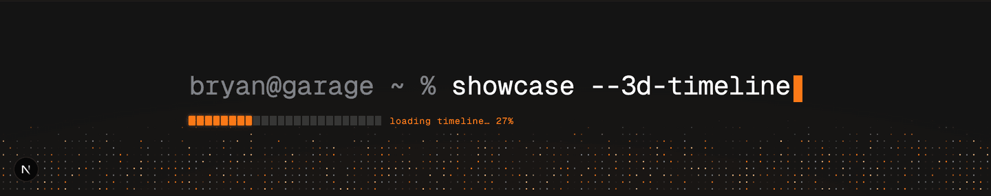The scroll gate part-filled: the command showcase --3d-timeline above a progress bar with seven of twenty-four cells lit, labelled “loading timeline… 27%”, over a field of dithered pixels.