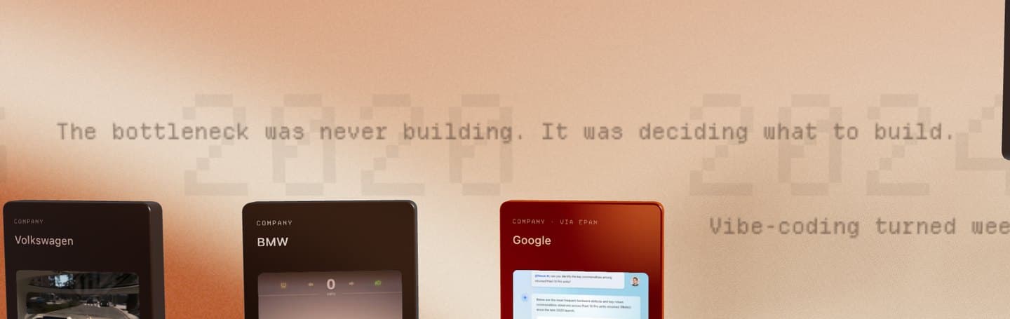 The showcase timeline: a line of faint monospace text floating in the empty band above a row of project cards, reading “The bottleneck was never building. It was deciding what to build.”