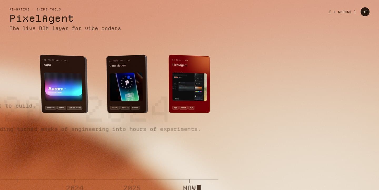 The 3D showcase timeline: glass project cards tilted in space along a year axis running to NOW, on a warm gradient backdrop.