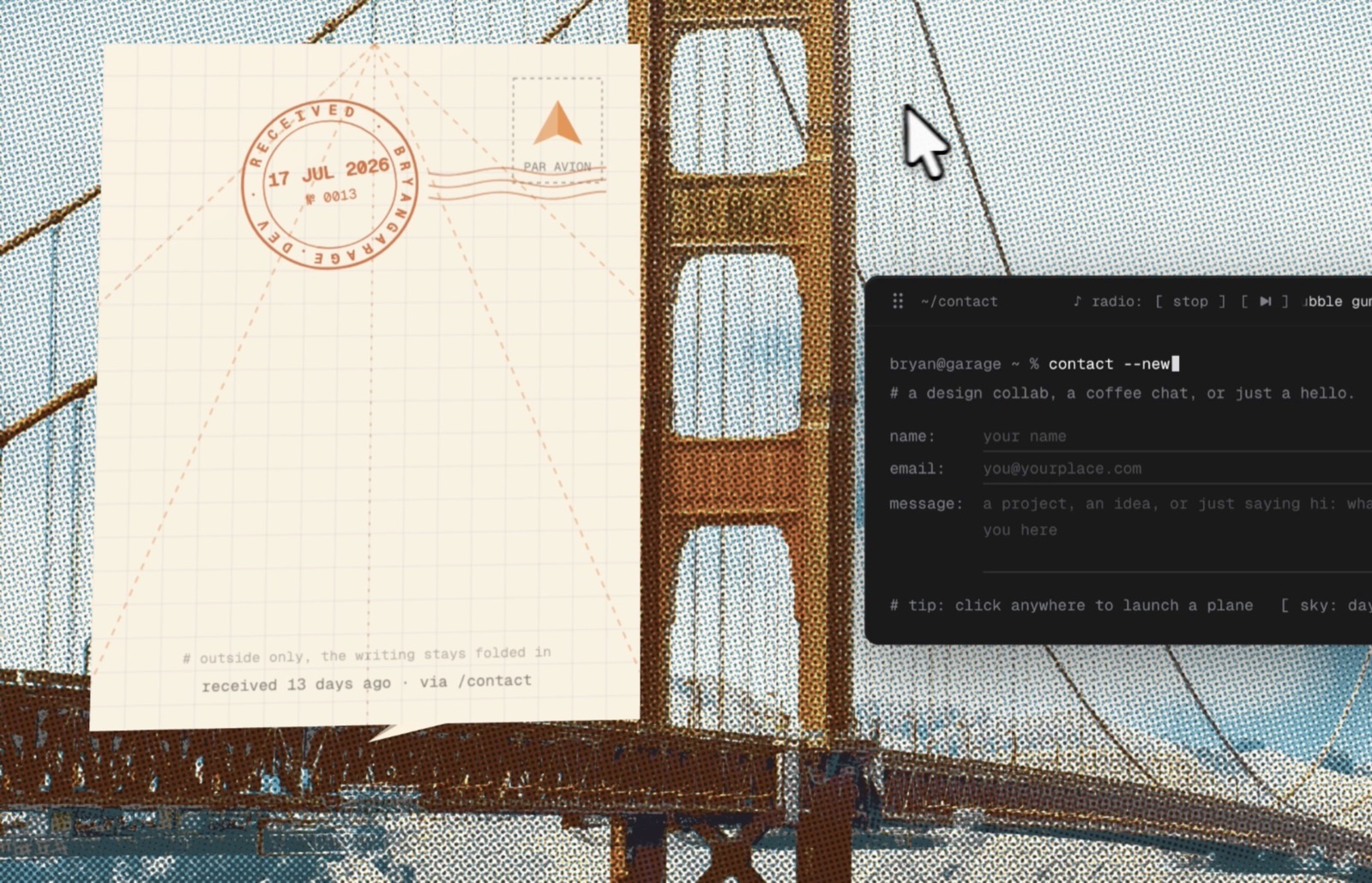 The contact prototype: a paper aerogram over the Golden Gate, folded from a terminal form