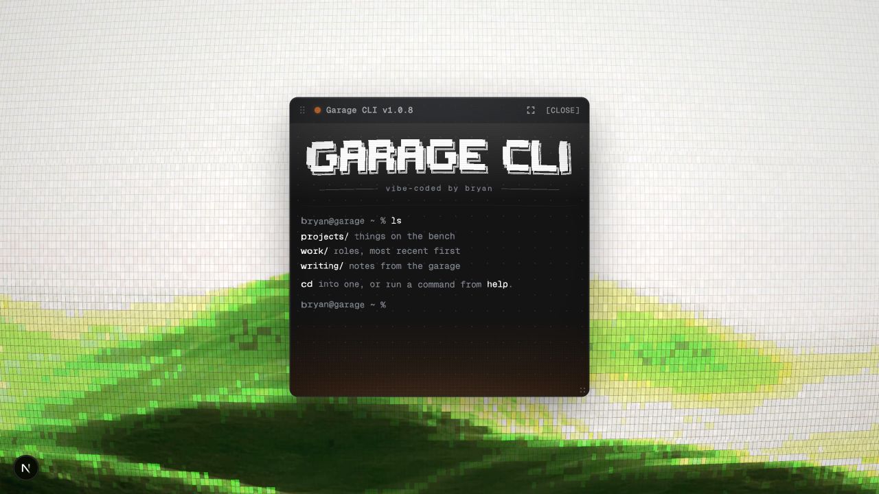 Centered Garage CLI showing the portfolio information structure through the ls command