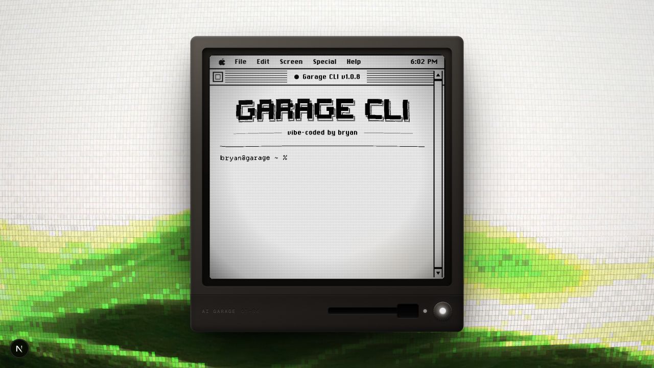 화면 중앙의 Garage CLI 실제 Mac 테마와 클래식 컴퓨터 cabinet