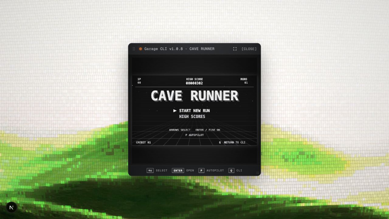 화면 중앙의 Garage CLI에서 실제 실행한 Cave Runner 게임 타이틀